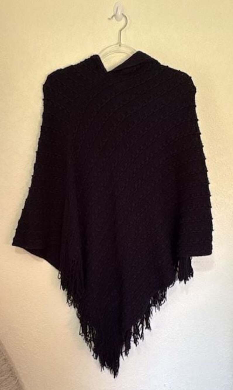 Charlotte Daniel Brand Black Knitted Hooded Poncho Sweater with Fringe Detail